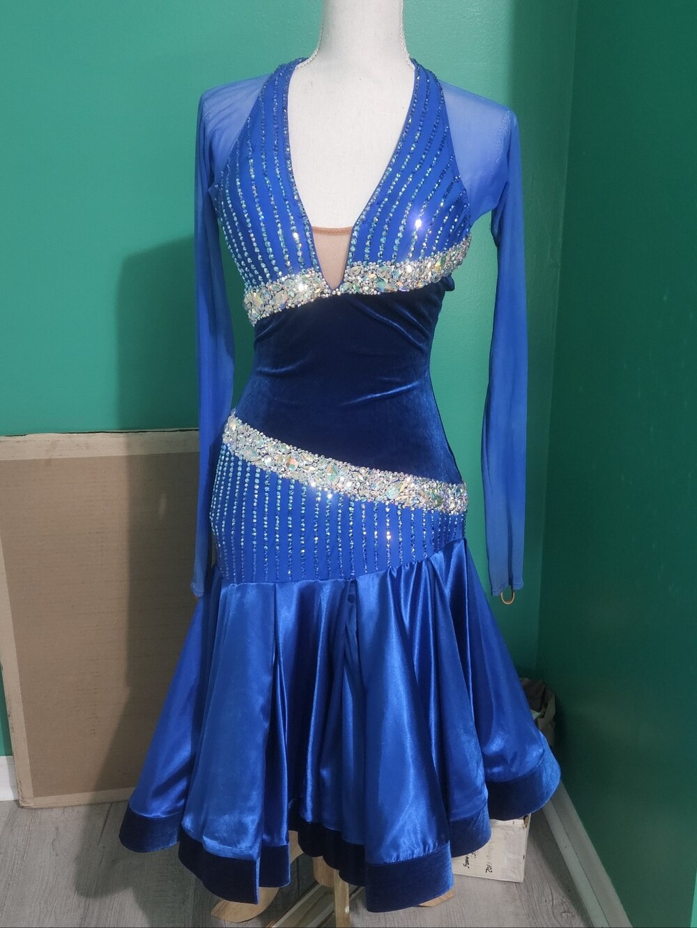 Oh So Blue - Couture Rhythm dress by Jordy with sleeves Bright blue satin velvet
